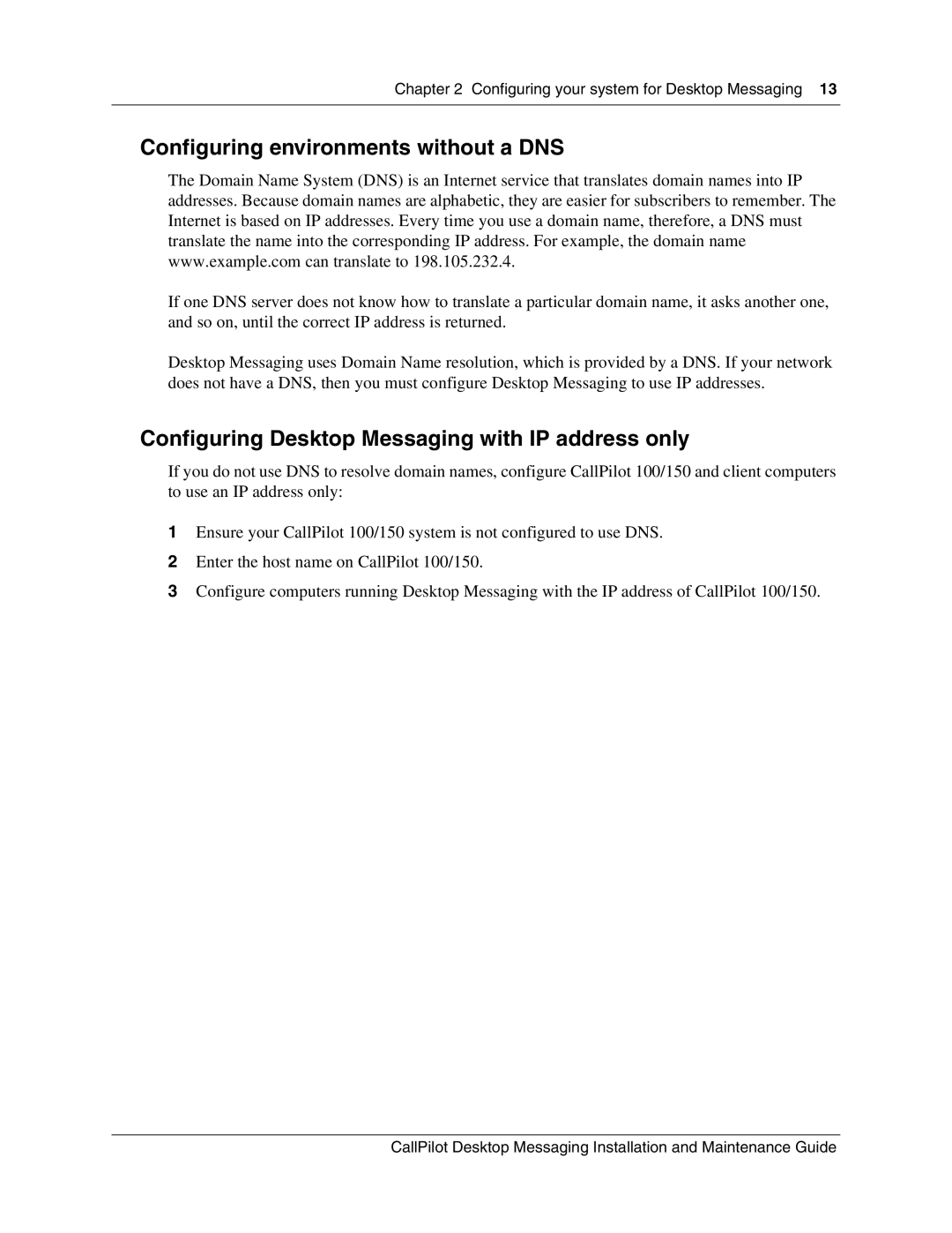 Nortel Networks 150 manual Configuring environments without a DNS, Configuring Desktop Messaging with IP address only 