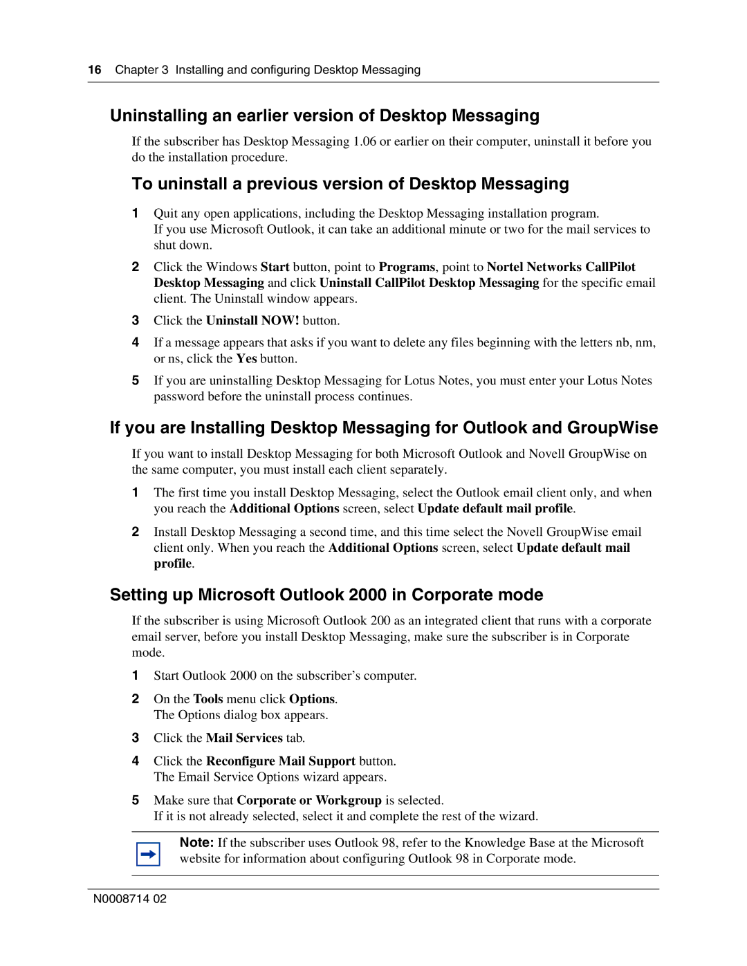 Nortel Networks 150 manual Uninstalling an earlier version of Desktop Messaging 