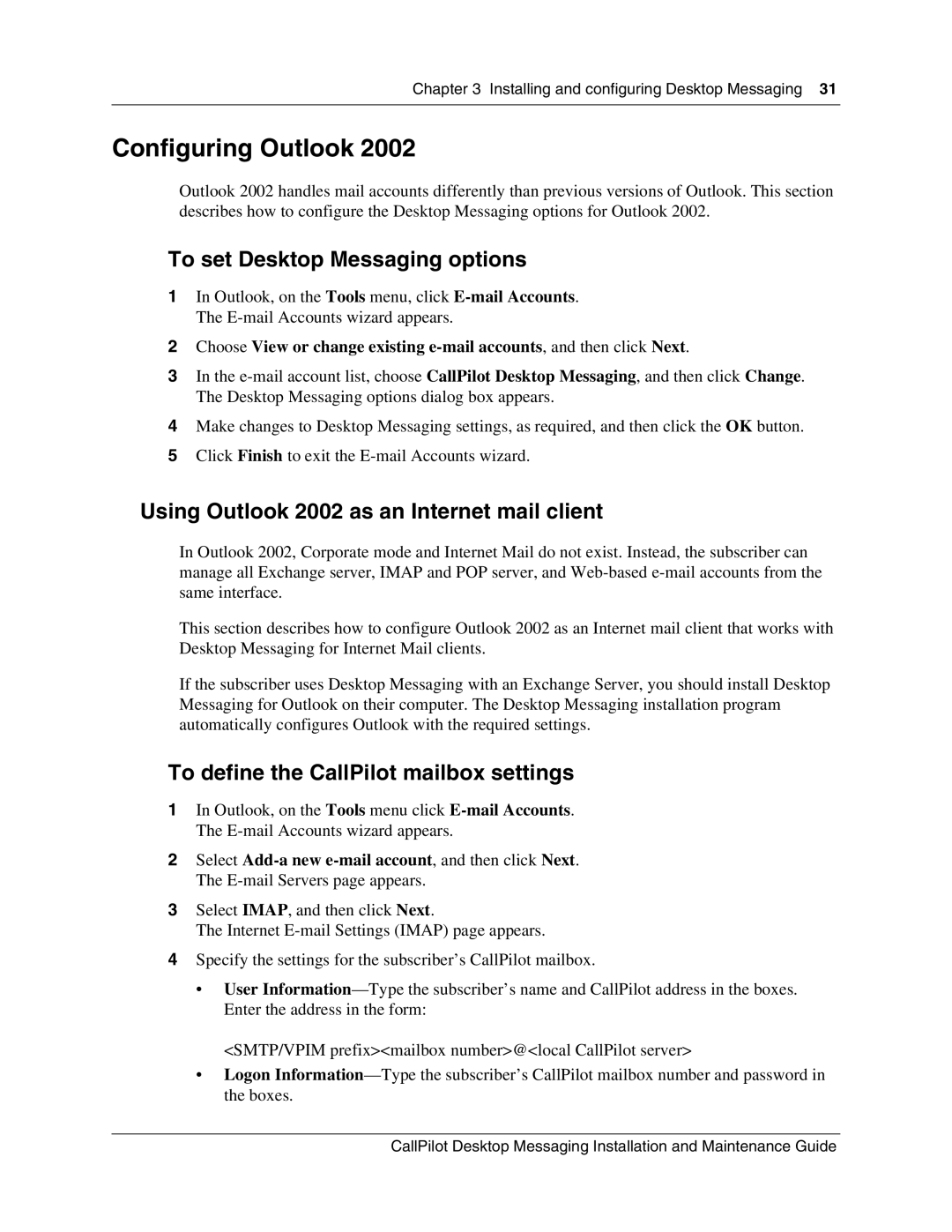 Nortel Networks 150 Configuring Outlook, To set Desktop Messaging options, Using Outlook 2002 as an Internet mail client 