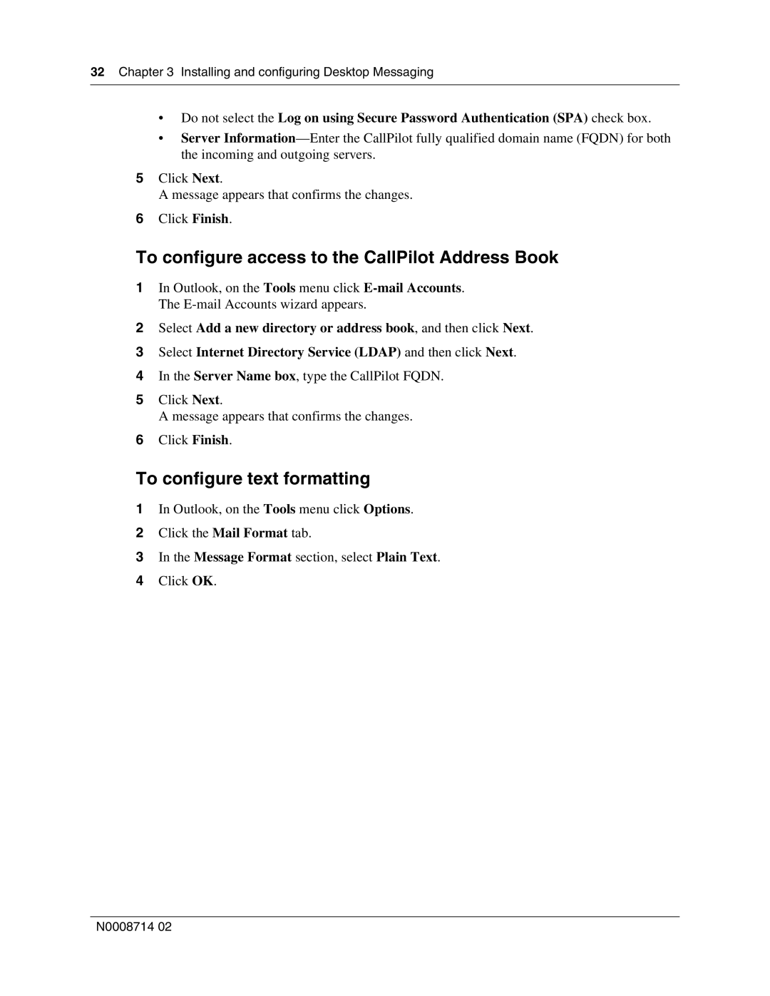 Nortel Networks 150 manual To configure access to the CallPilot Address Book, To configure text formatting 