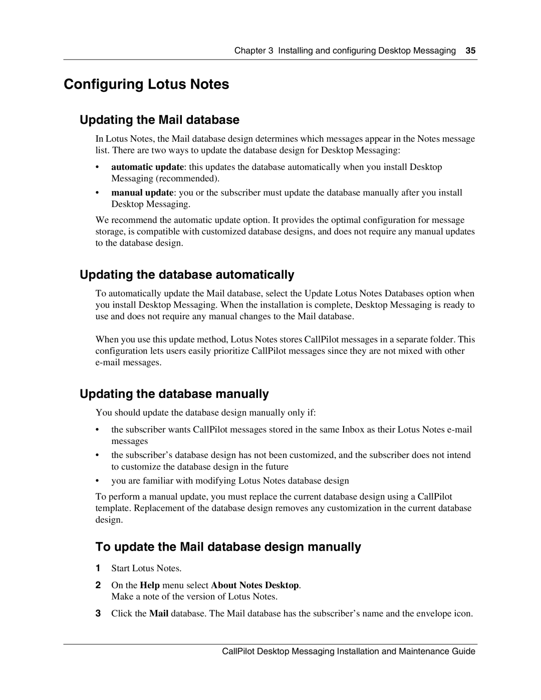 Nortel Networks 150 manual Configuring Lotus Notes, Updating the Mail database, Updating the database automatically 