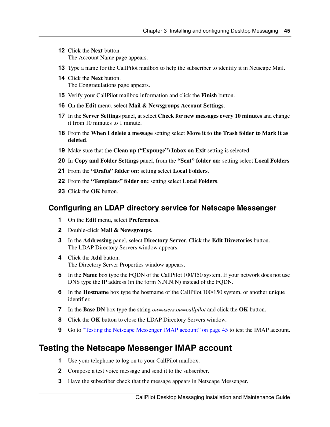 Nortel Networks 150 manual Testing the Netscape Messenger Imap account 