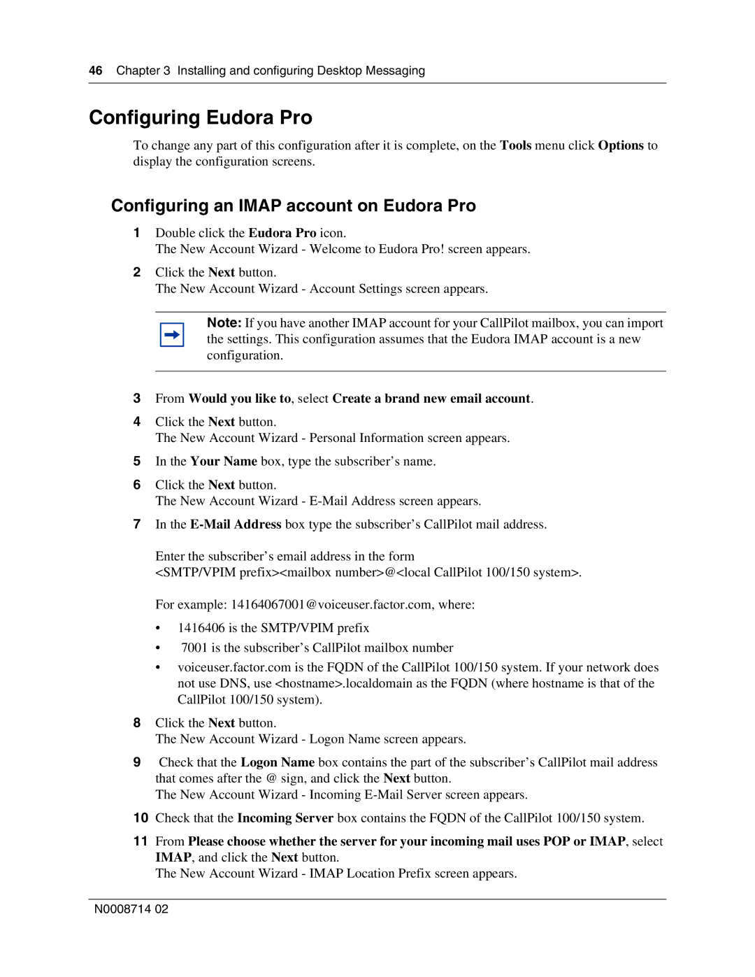 Nortel Networks 150 manual Configuring Eudora Pro, Configuring an Imap account on Eudora Pro 