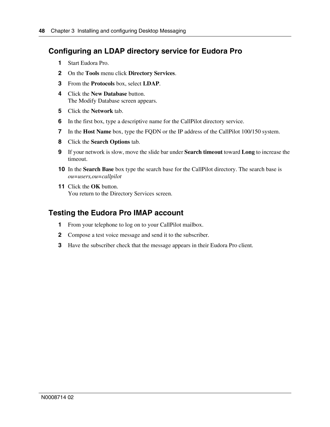 Nortel Networks 150 manual Configuring an Ldap directory service for Eudora Pro, Testing the Eudora Pro Imap account 