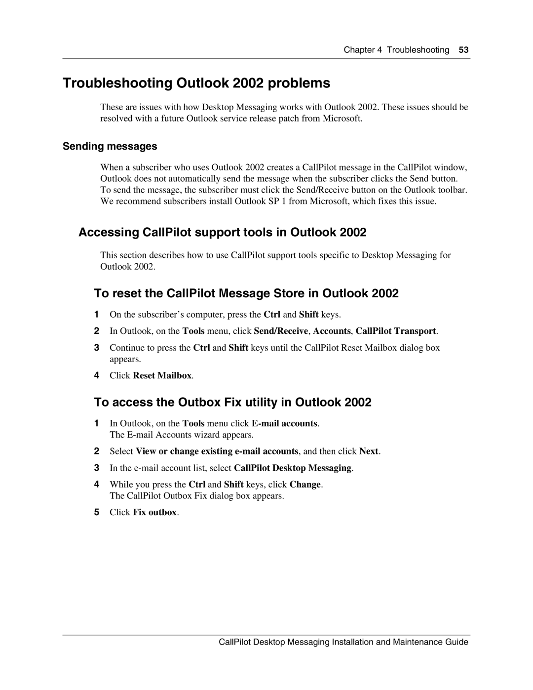 Nortel Networks 150 Troubleshooting Outlook 2002 problems, Accessing CallPilot support tools in Outlook, Sending messages 