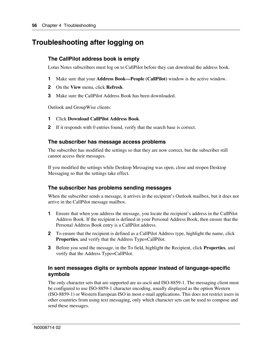 Nortel Networks 150 manual Troubleshooting after logging on, CallPilot address book is empty 