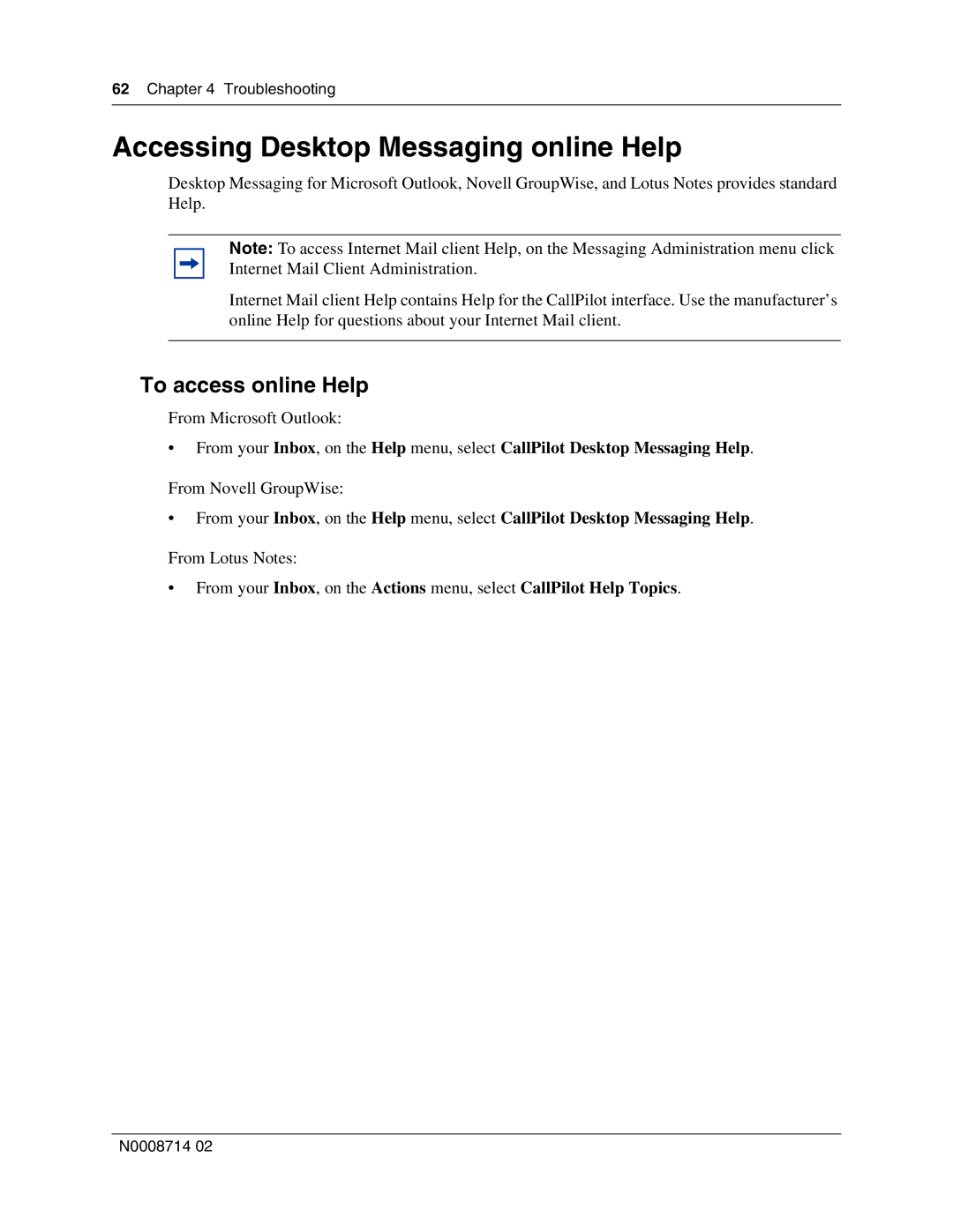 Nortel Networks 150 manual Accessing Desktop Messaging online Help, To access online Help 