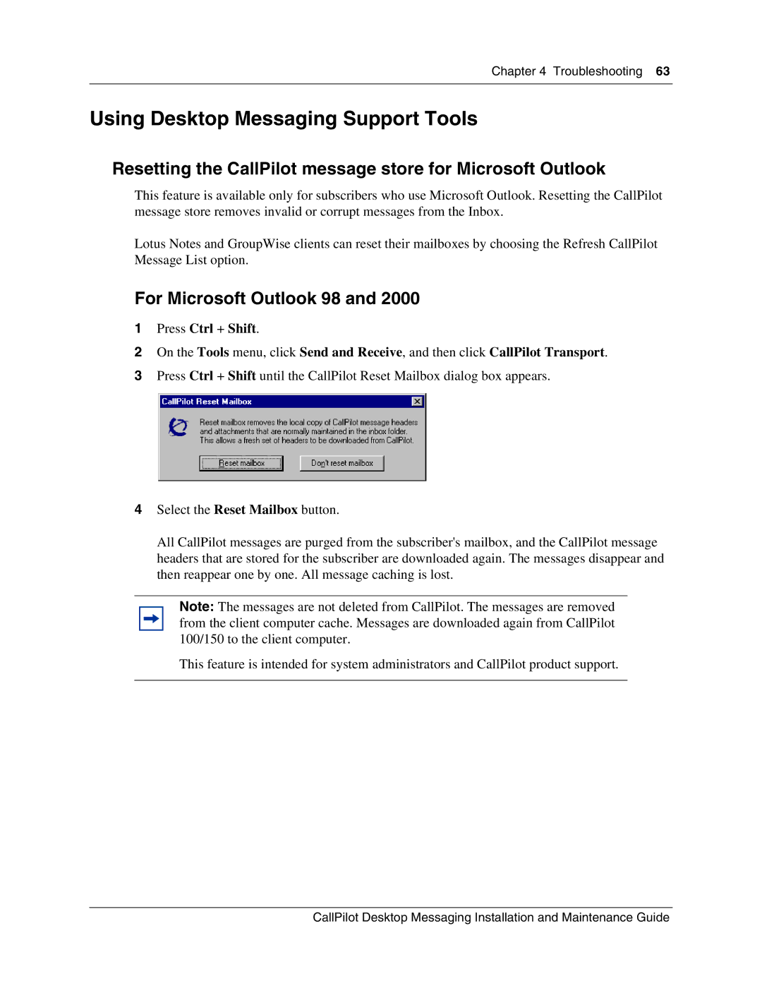 Nortel Networks 150 Using Desktop Messaging Support Tools, Resetting the CallPilot message store for Microsoft Outlook 