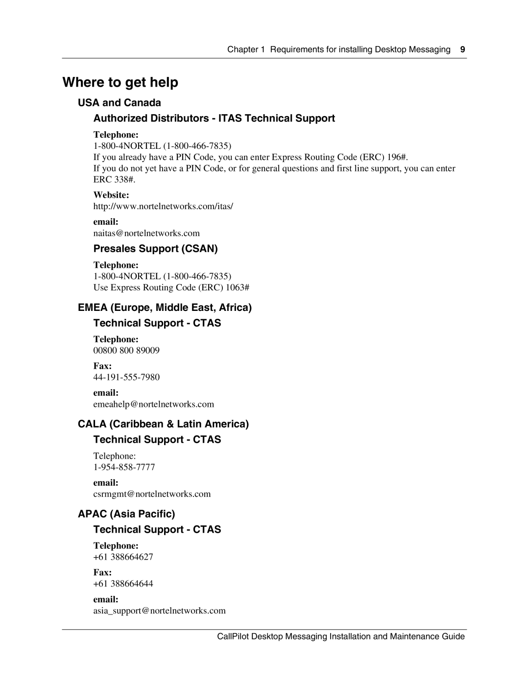 Nortel Networks 150 Where to get help, Presales Support Csan, Emea Europe, Middle East, Africa Technical Support Ctas 