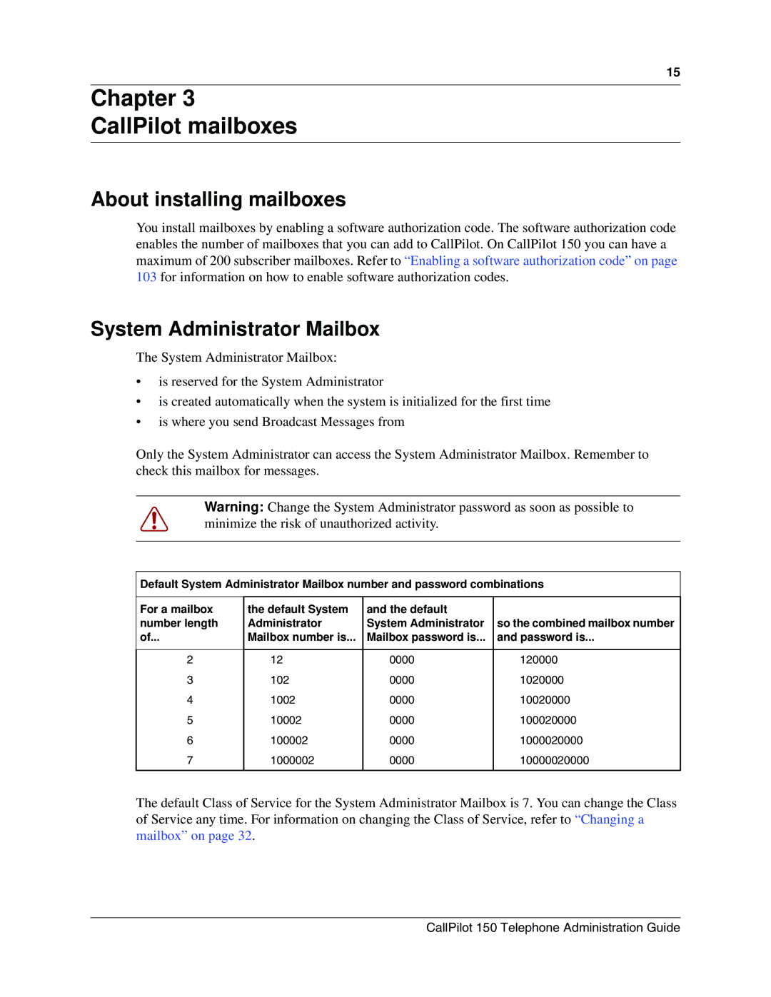 Nortel Networks 150 manual Chapter CallPilot mailboxes, About installing mailboxes, System Administrator Mailbox 