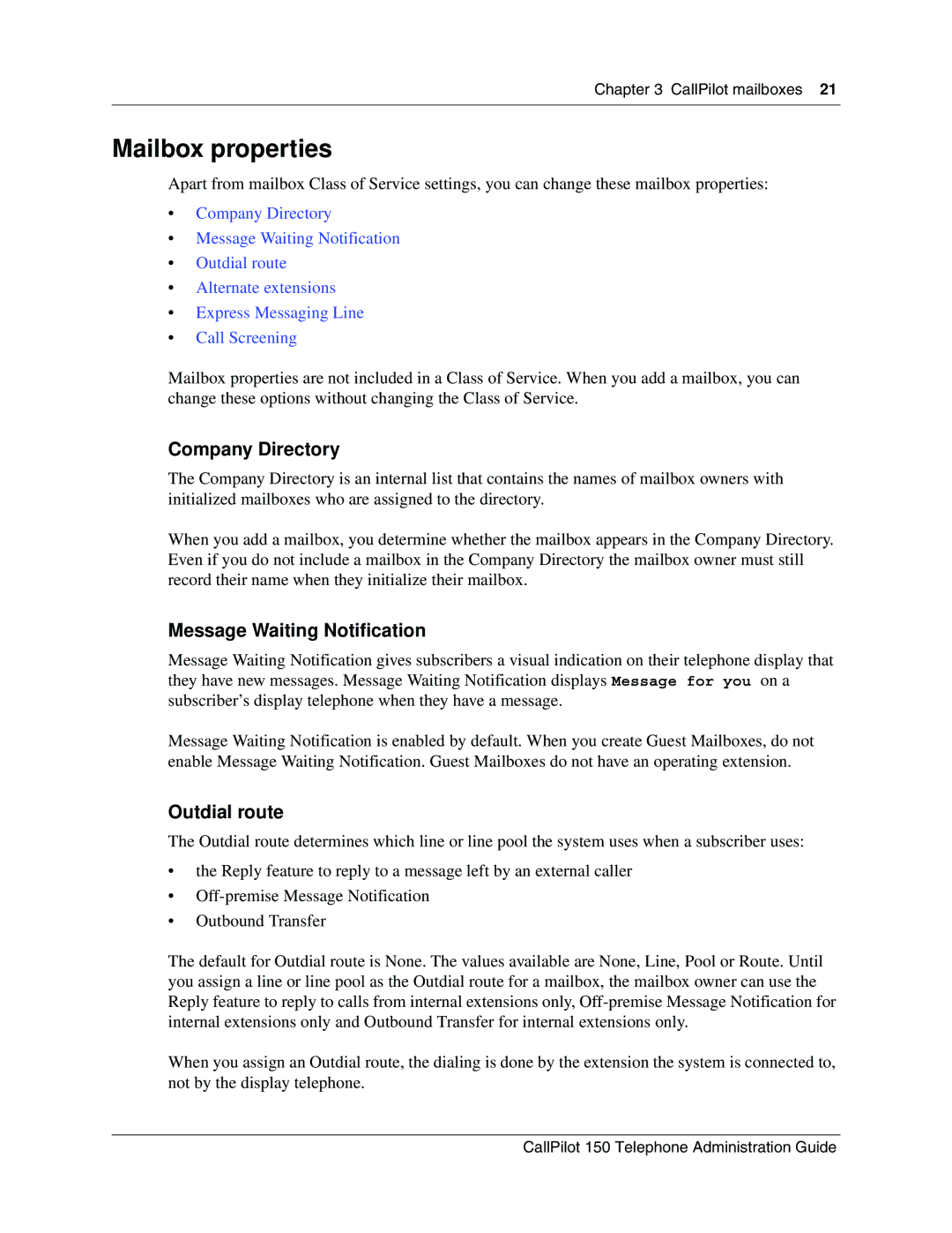 Nortel Networks 150 manual Mailbox properties, Company Directory 