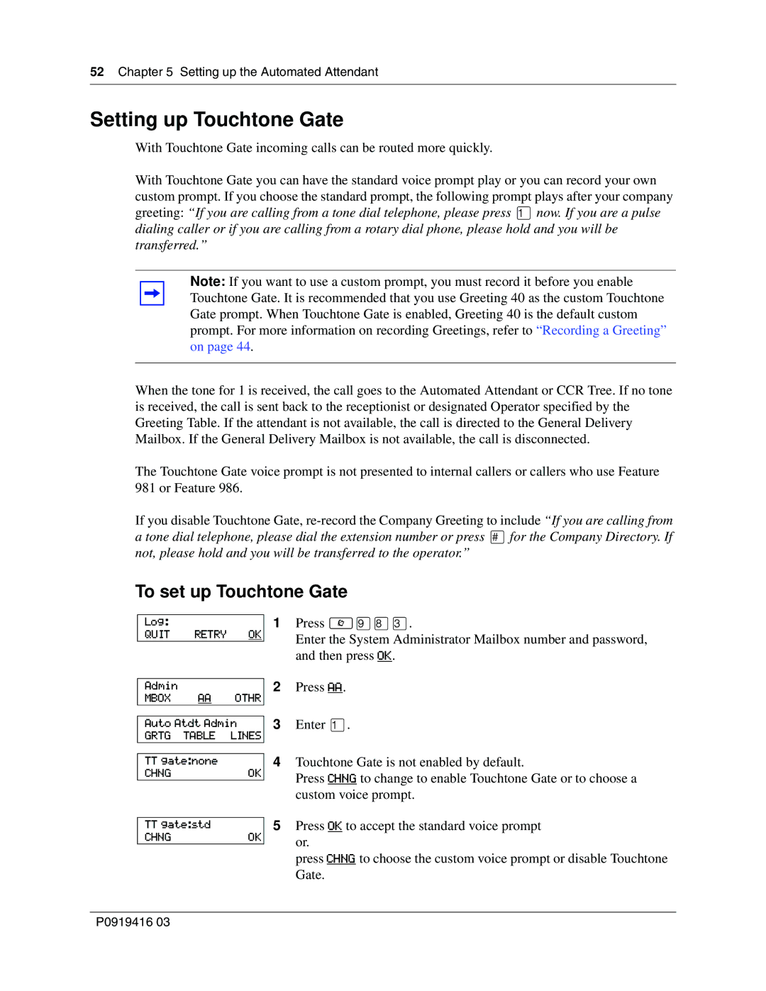 Nortel Networks 150 manual Setting up Touchtone Gate, To set up Touchtone Gate 