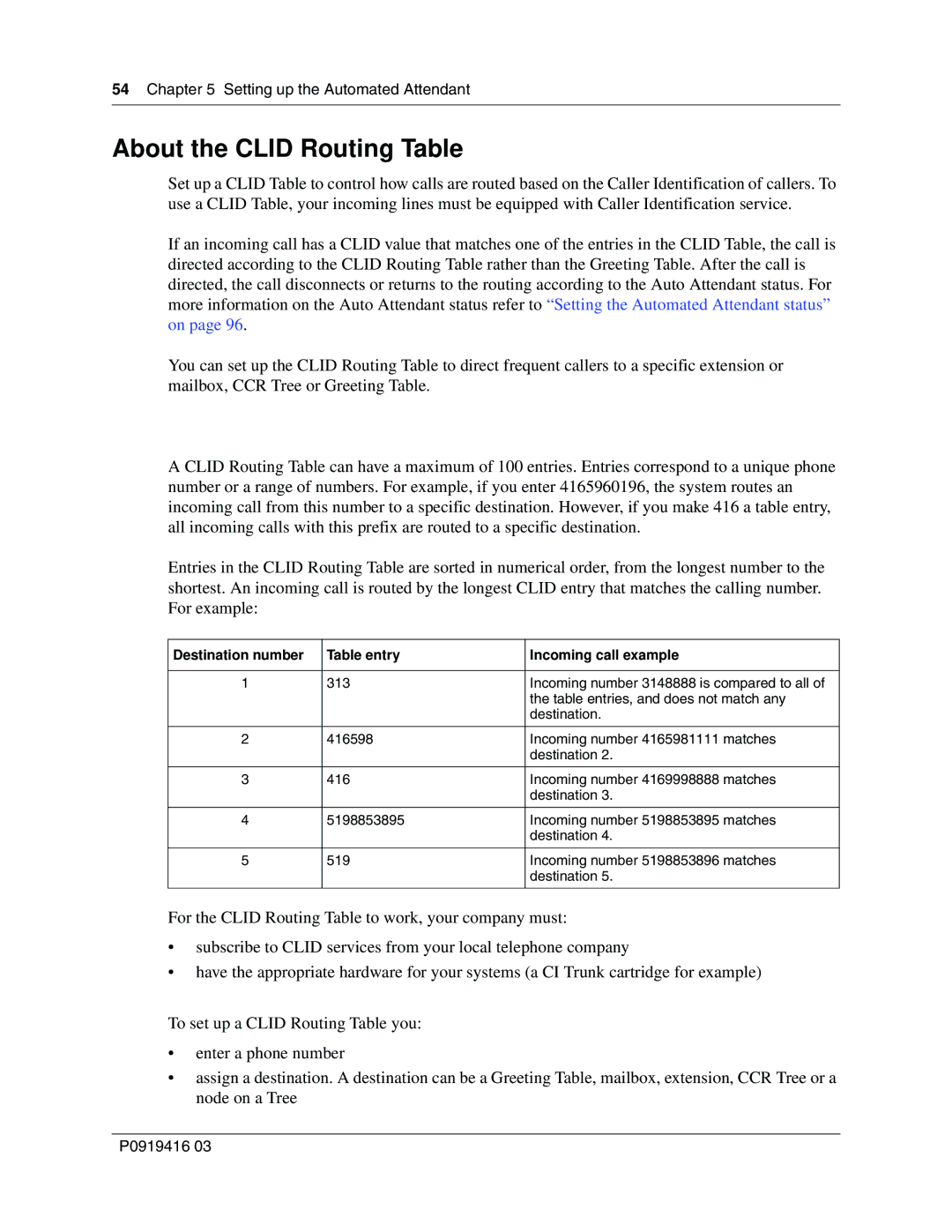 Nortel Networks 150 manual About the Clid Routing Table, Destination number Table entry Incoming call example 