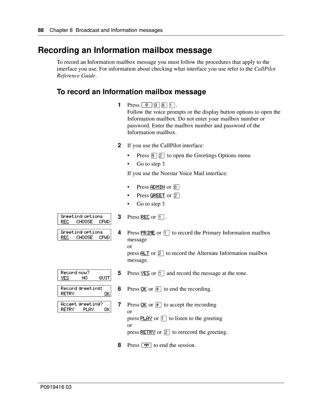 Nortel Networks 150 manual Recording an Information mailbox message, To record an Information mailbox message 