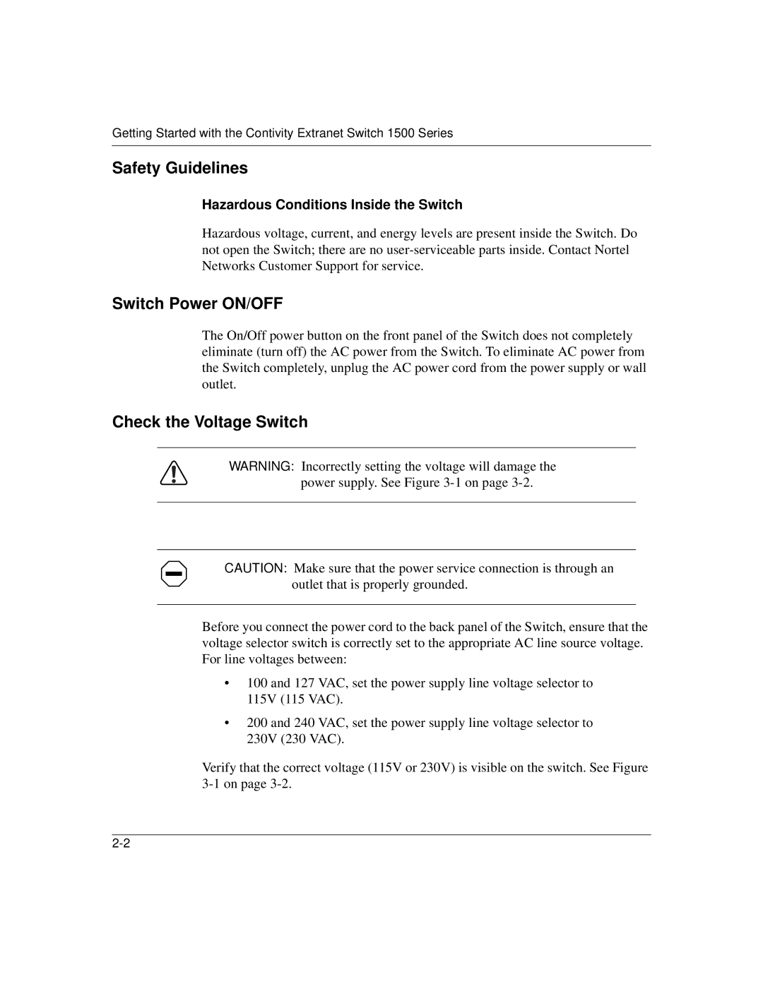 Nortel Networks 1500 manual Safety Guidelines, Switch Power ON/OFF, Check the Voltage Switch 