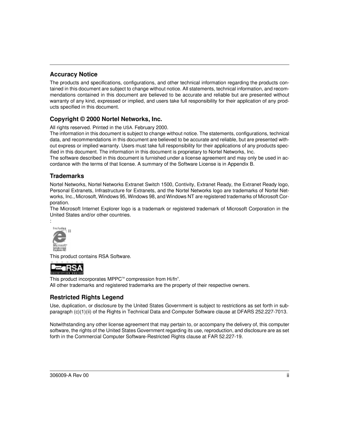 Nortel Networks 1500 manual Accuracy Notice, Copyright 2000 Nortel Networks, Inc, Trademarks, Restricted Rights Legend 