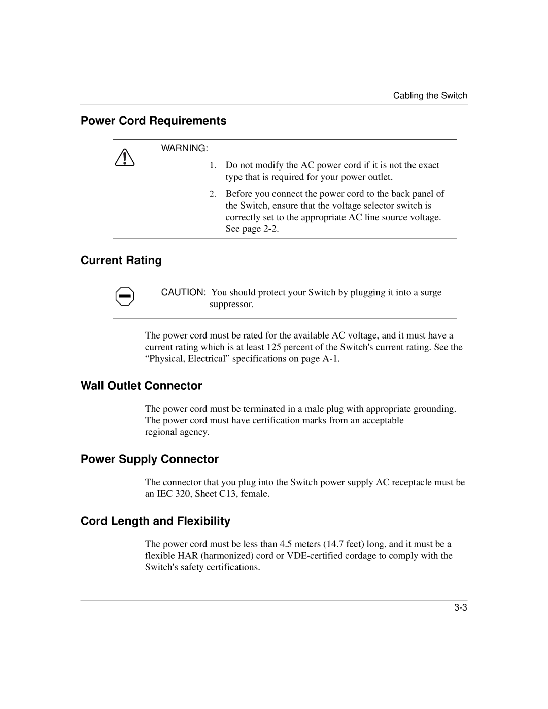 Nortel Networks 1500 manual Power Cord Requirements, Current Rating, Wall Outlet Connector, Power Supply Connector 