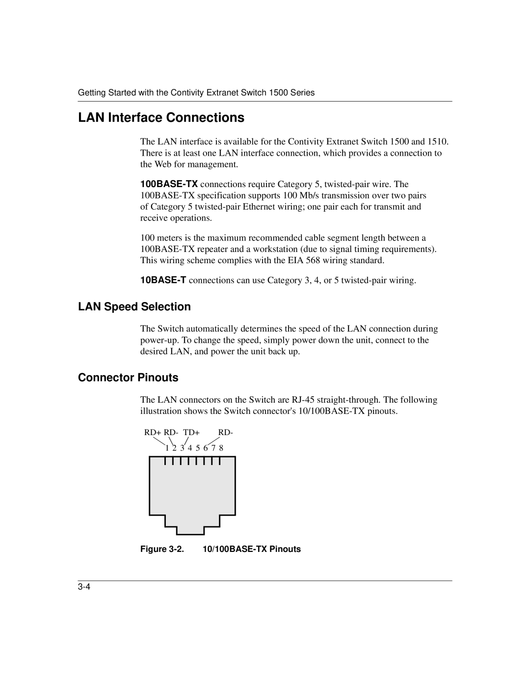 Nortel Networks 1500 manual LAN Interface Connections, LAN Speed Selection, Connector Pinouts 