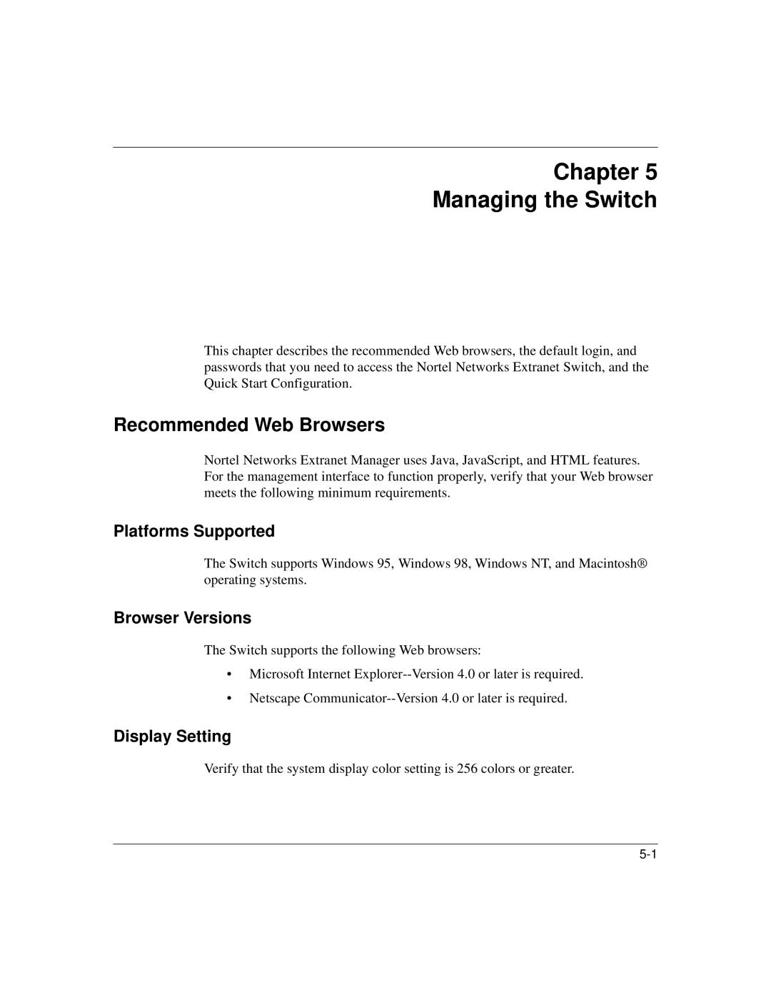 Nortel Networks 1500 manual Chapter Managing the Switch, Recommended Web Browsers, Platforms Supported, Browser Versions 