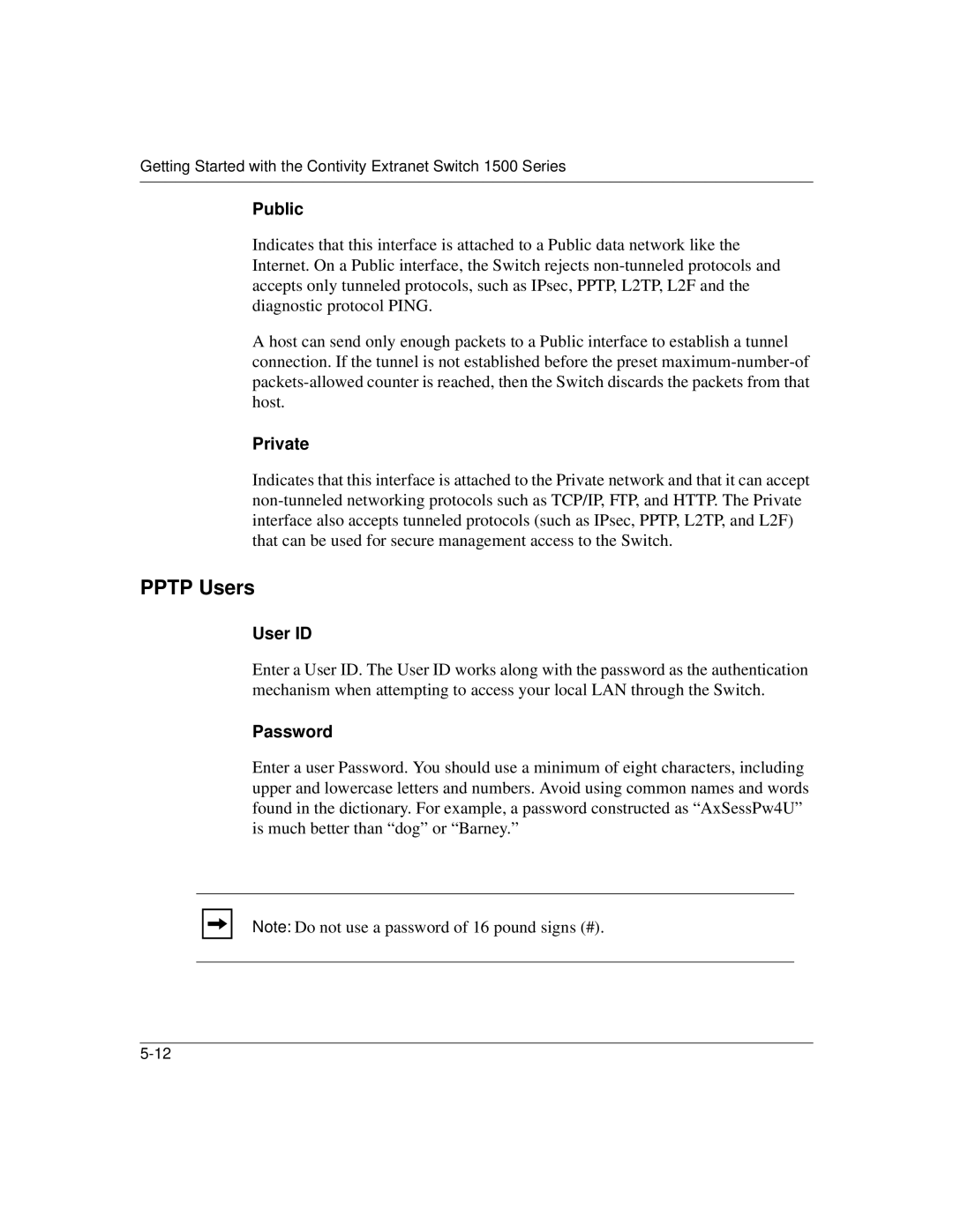 Nortel Networks 1500 manual Pptp Users, Public, Private, User ID, Password 