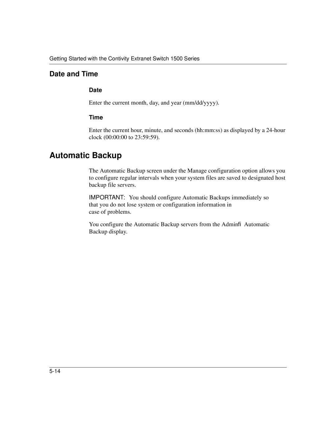 Nortel Networks 1500 manual Automatic Backup, Date and Time 