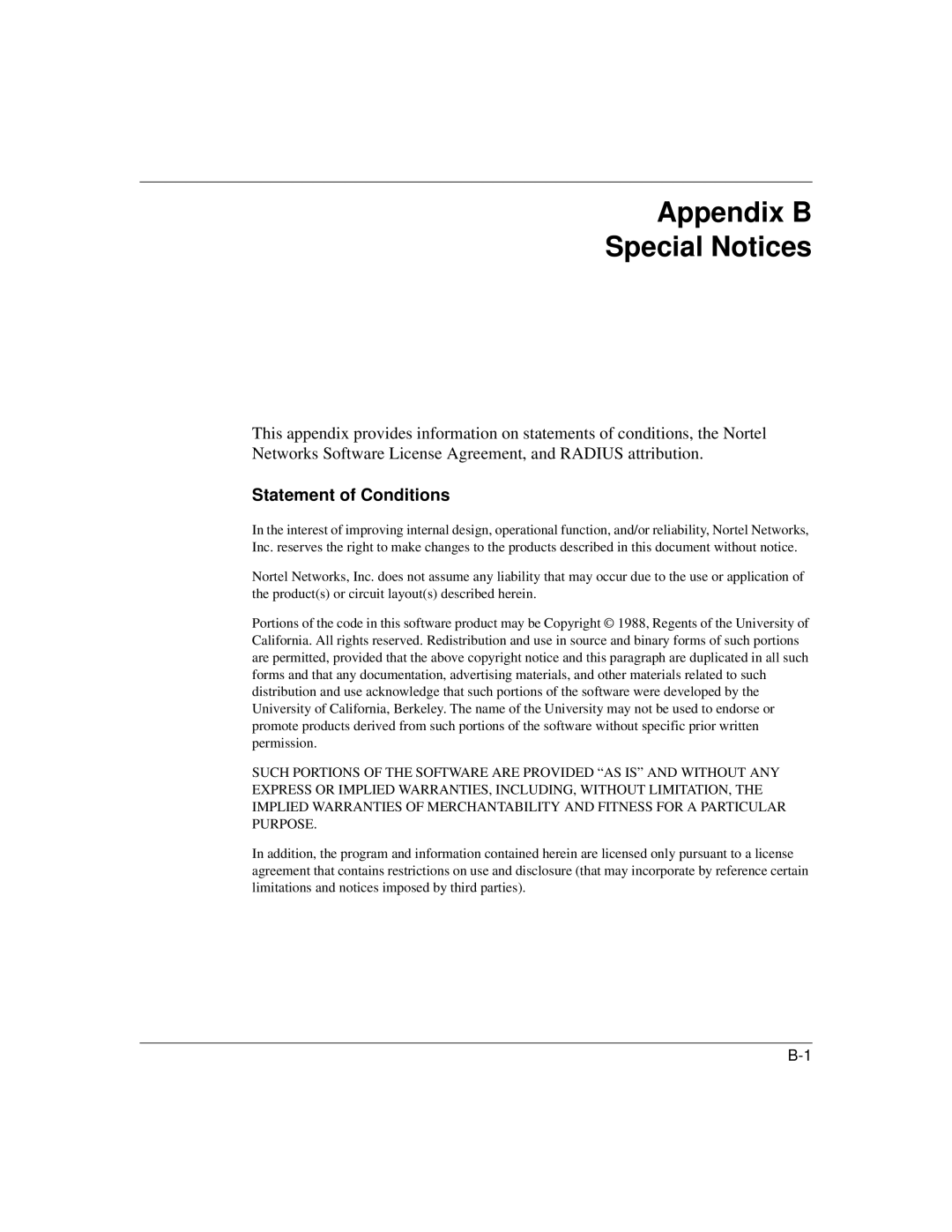 Nortel Networks 1500 manual Appendix B Special Notices, Statement of Conditions 