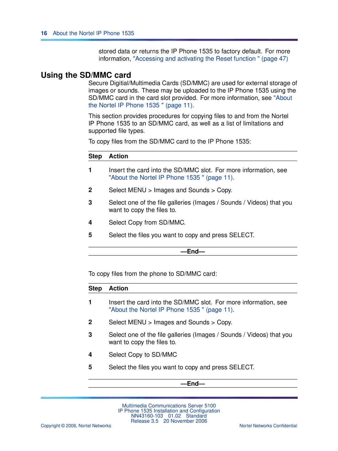 Nortel Networks 1535 manual Using the SD/MMC card 