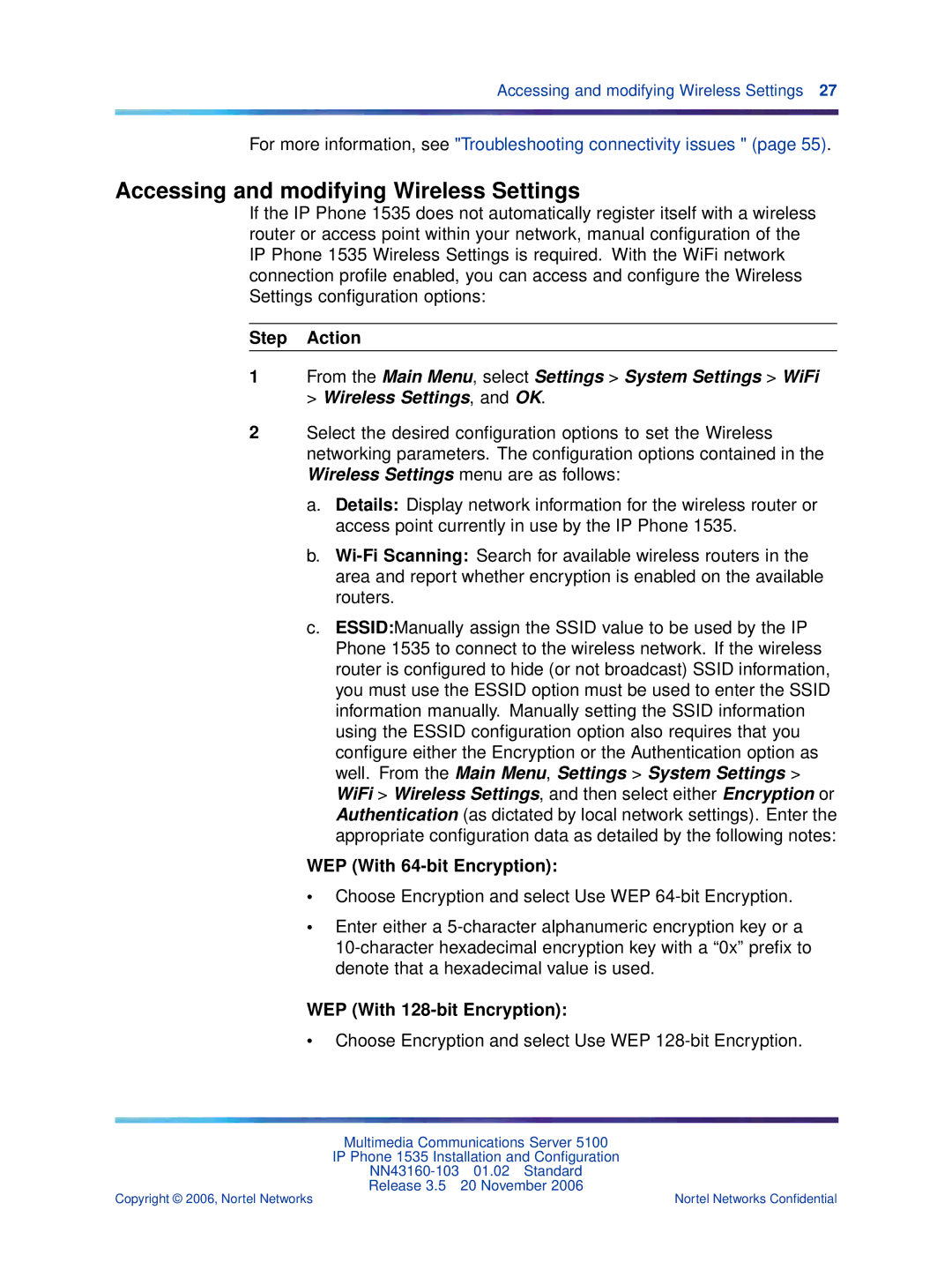 Nortel Networks 1535 manual Accessing and modifying Wireless Settings, WEP With 64-bit Encryption 