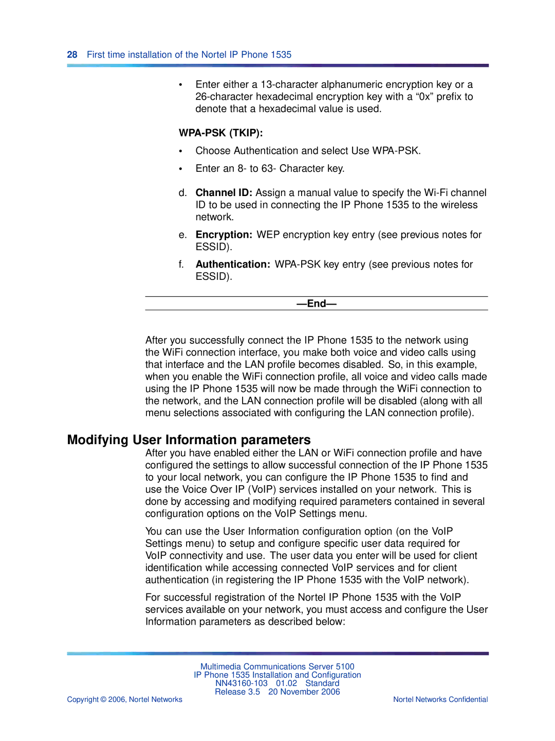 Nortel Networks 1535 manual Modifying User Information parameters, WPA-PSK Tkip 