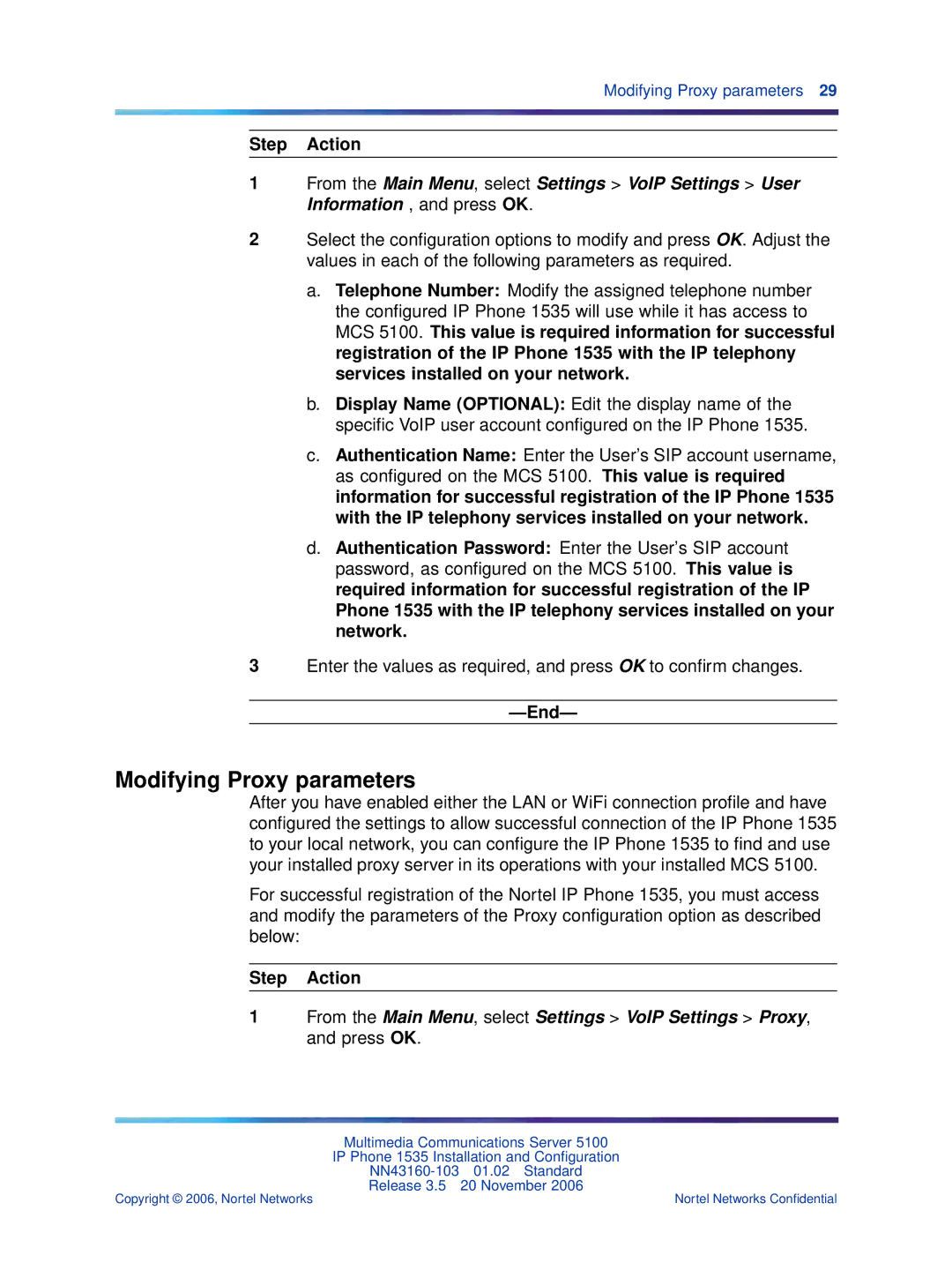 Nortel Networks 1535 manual Modifying Proxy parameters 