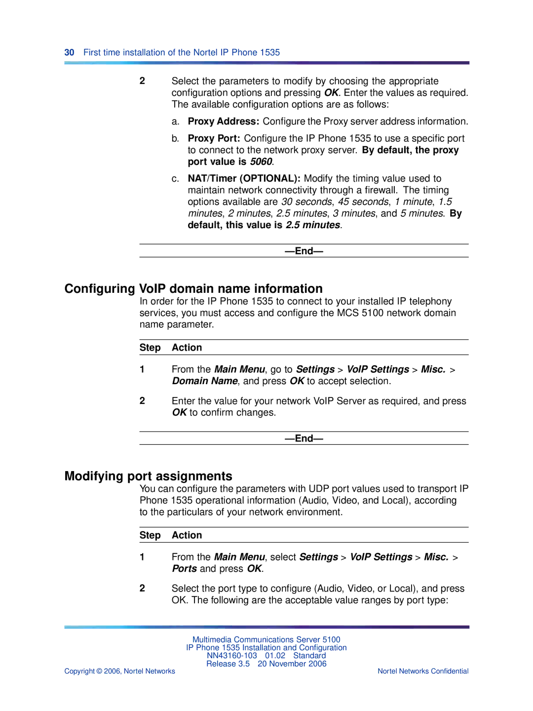 Nortel Networks 1535 manual Conﬁguring VoIP domain name information, Modifying port assignments 