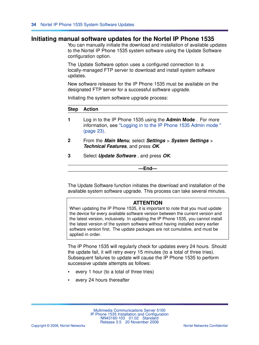 Nortel Networks 1535 Initiating manual software updates for the Nortel IP Phone 