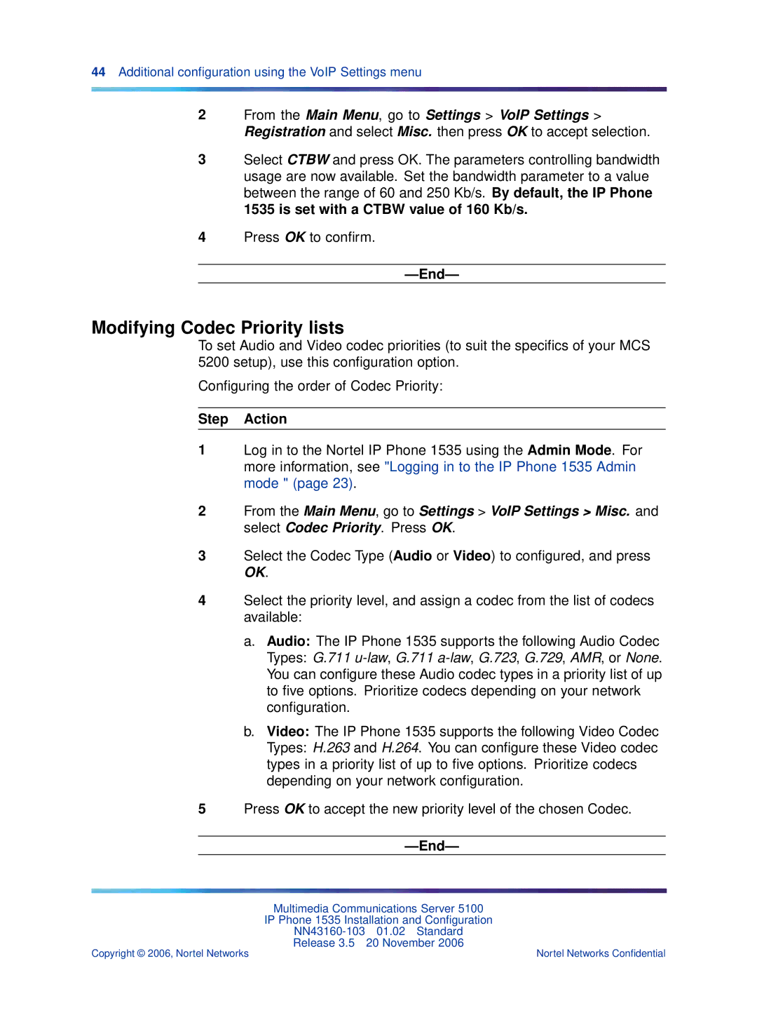 Nortel Networks 1535 manual Modifying Codec Priority lists 