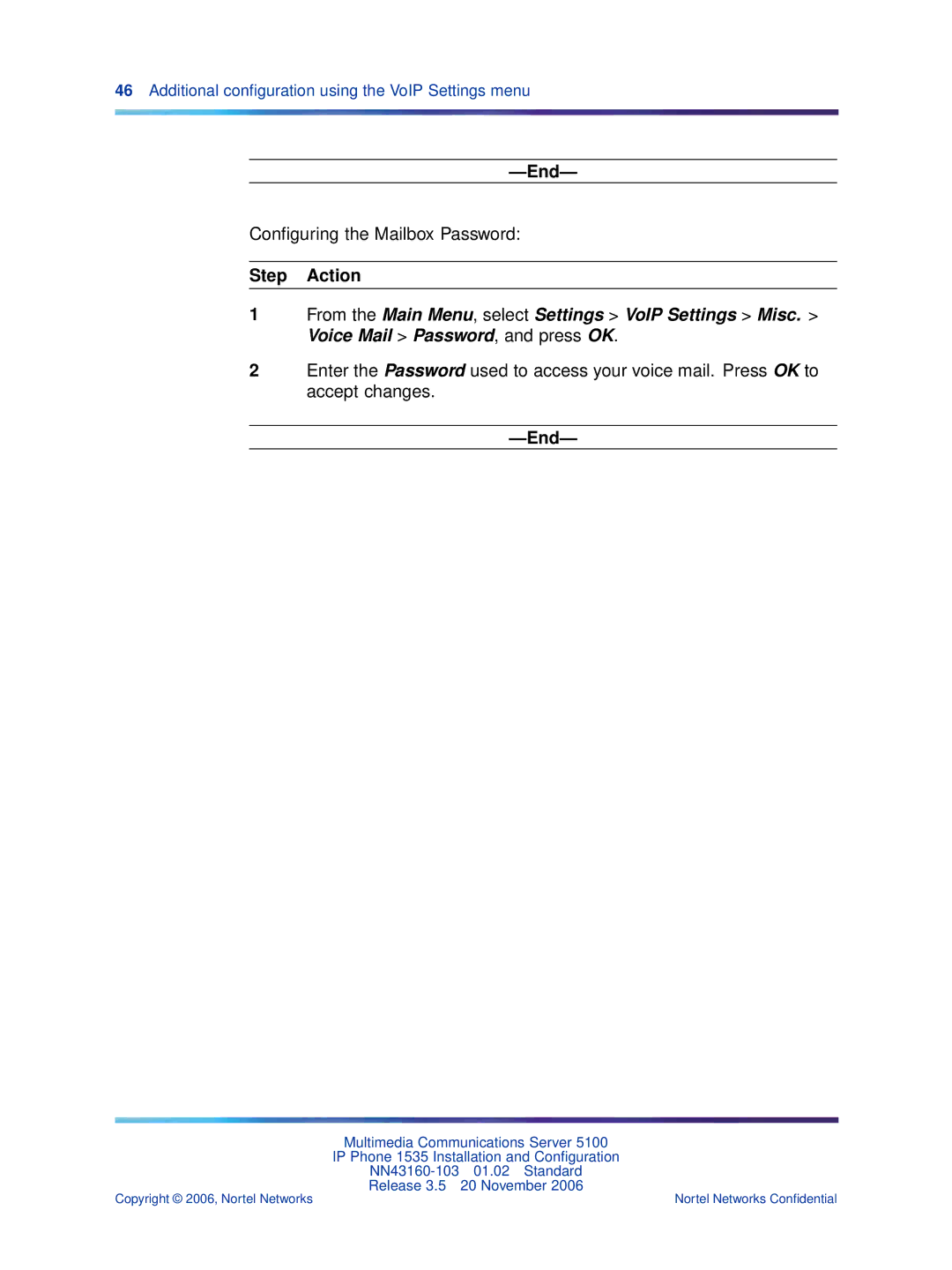 Nortel Networks 1535 manual Conﬁguring the Mailbox Password 