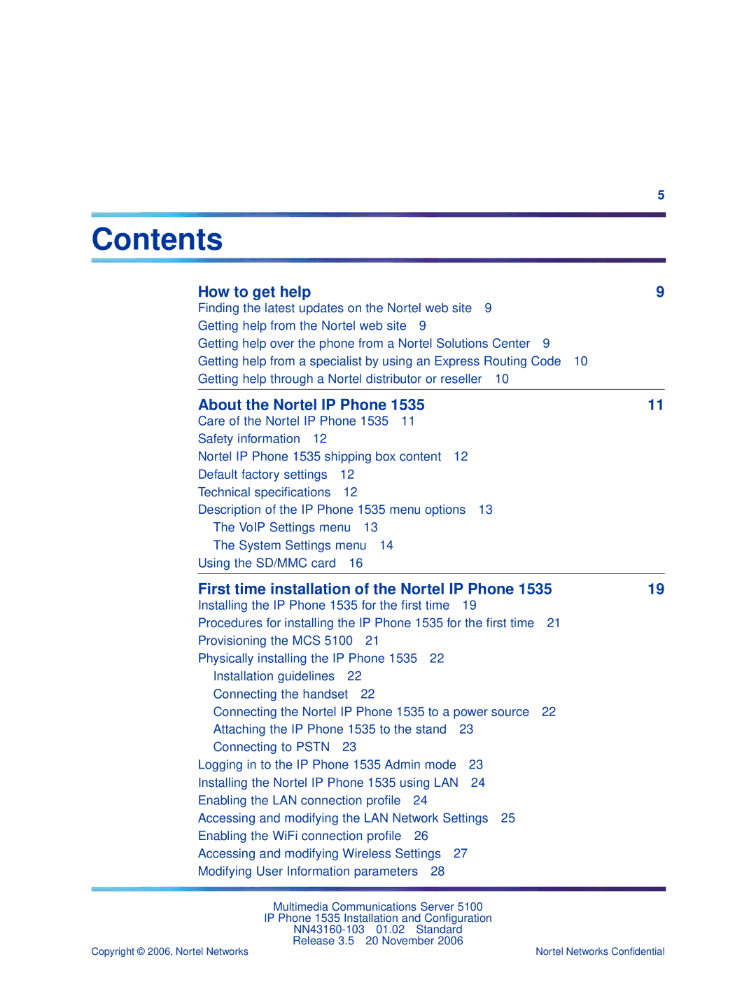 Nortel Networks 1535 manual Contents 