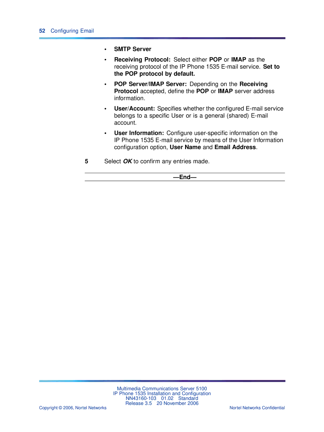 Nortel Networks 1535 manual 52 Conﬁguring Email 