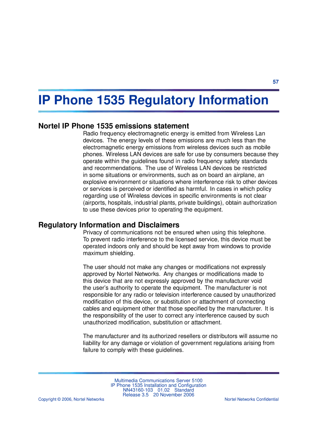 Nortel Networks manual IP Phone 1535 Regulatory Information, Nortel IP Phone 1535 emissions statement 