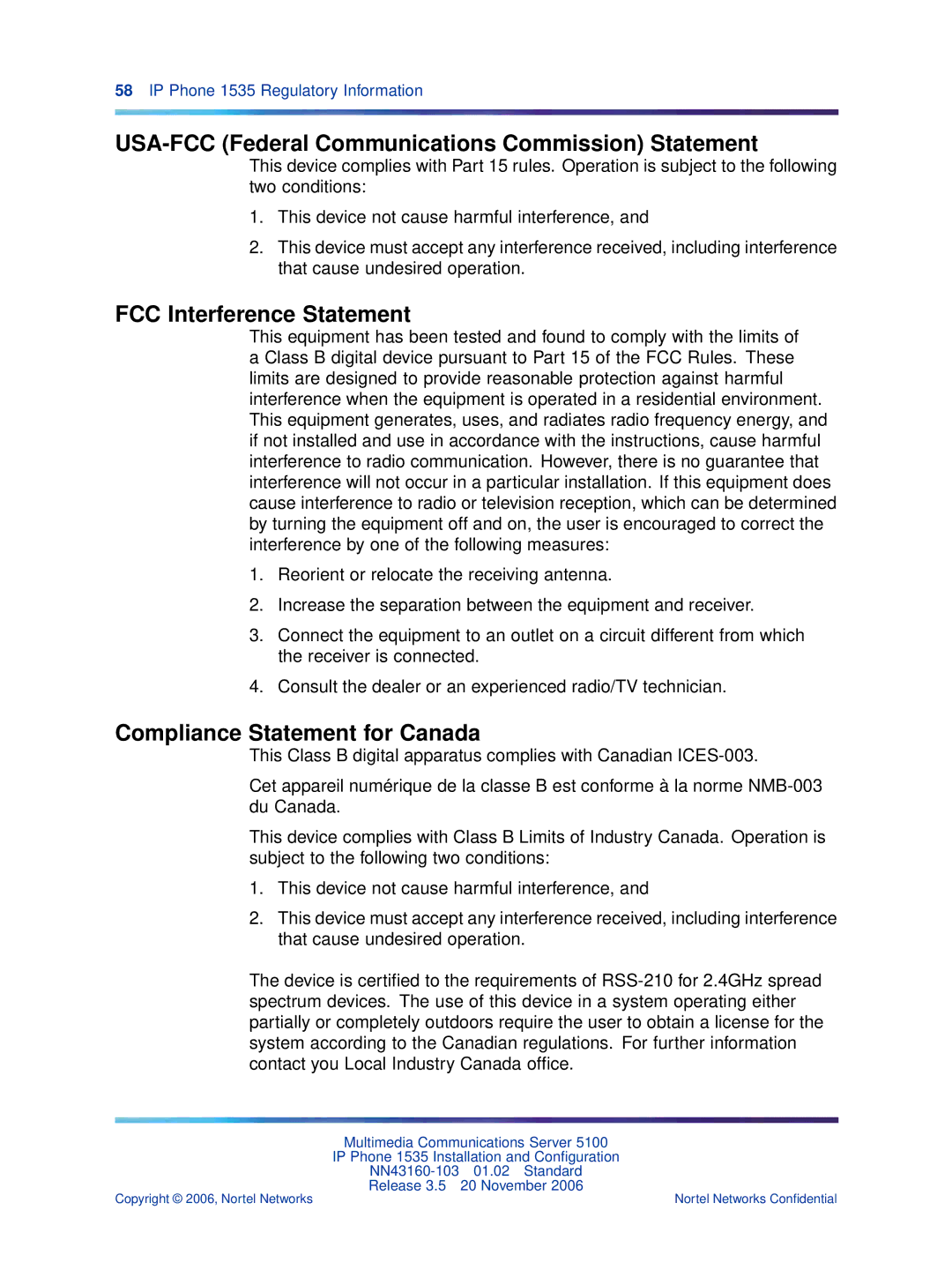 Nortel Networks 1535 manual USA-FCC Federal Communications Commission Statement, FCC Interference Statement 