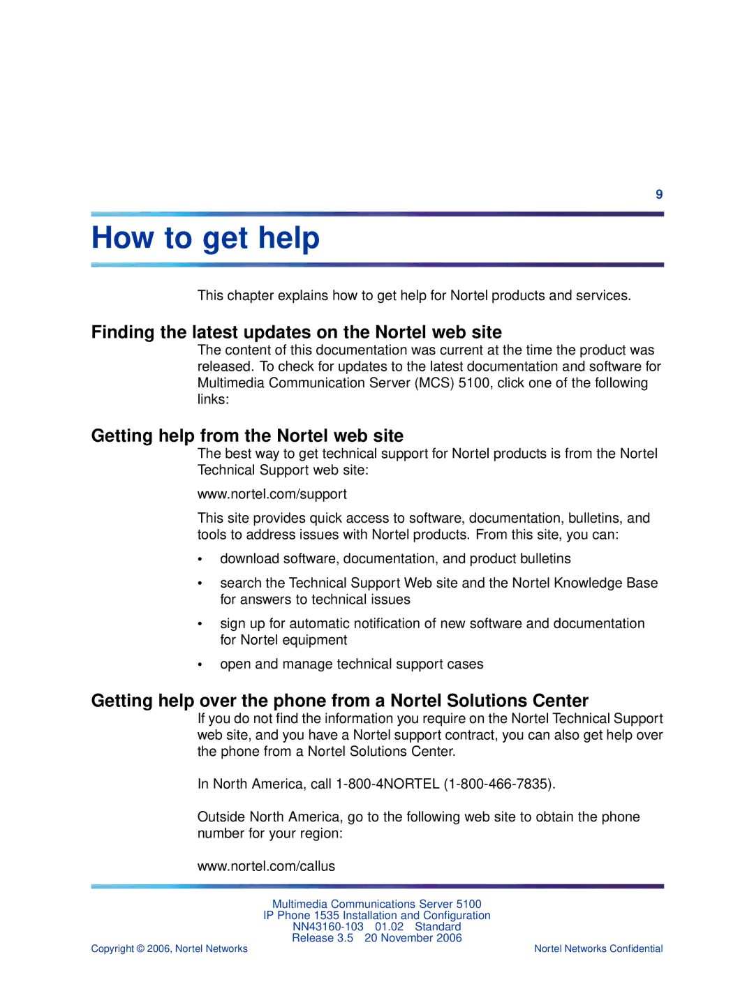 Nortel Networks 1535 manual How to get help, Finding the latest updates on the Nortel web site 