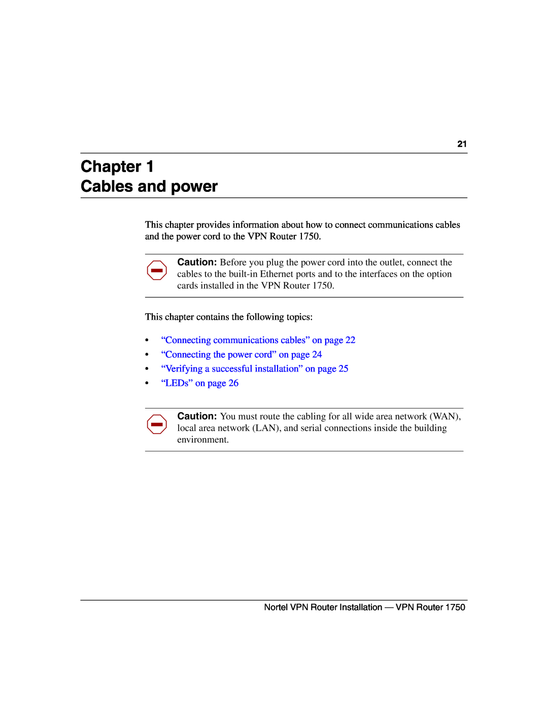 Nortel Networks 1750 manual Chapter Cables and power, “Connecting communications cables” on page 