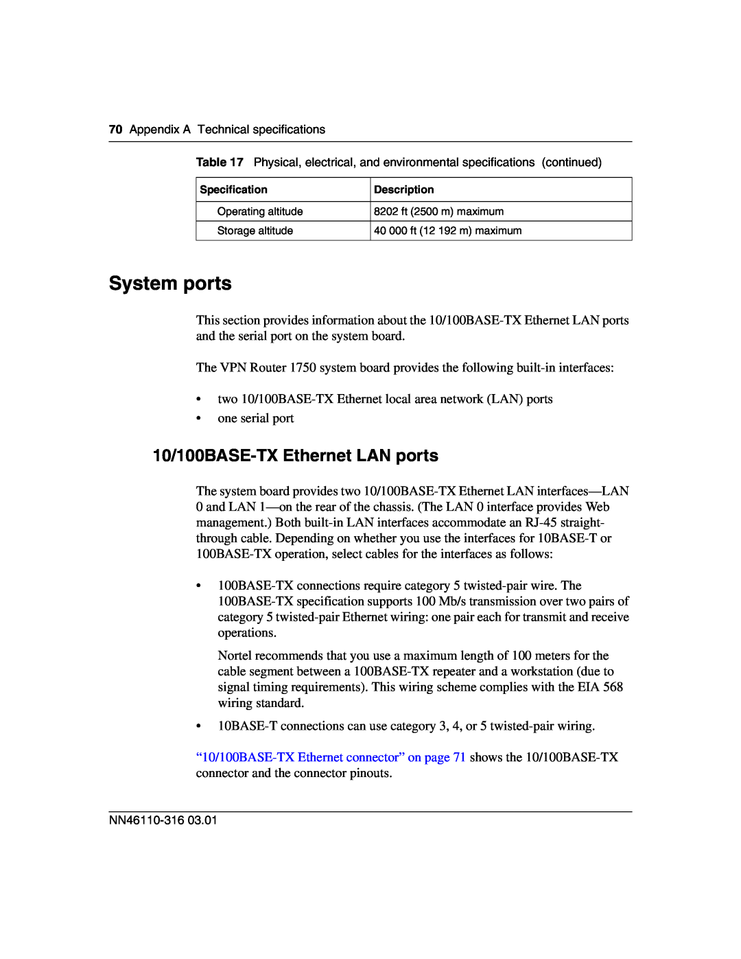 Nortel Networks 1750 manual System ports, 10/100BASE-TX Ethernet LAN ports 