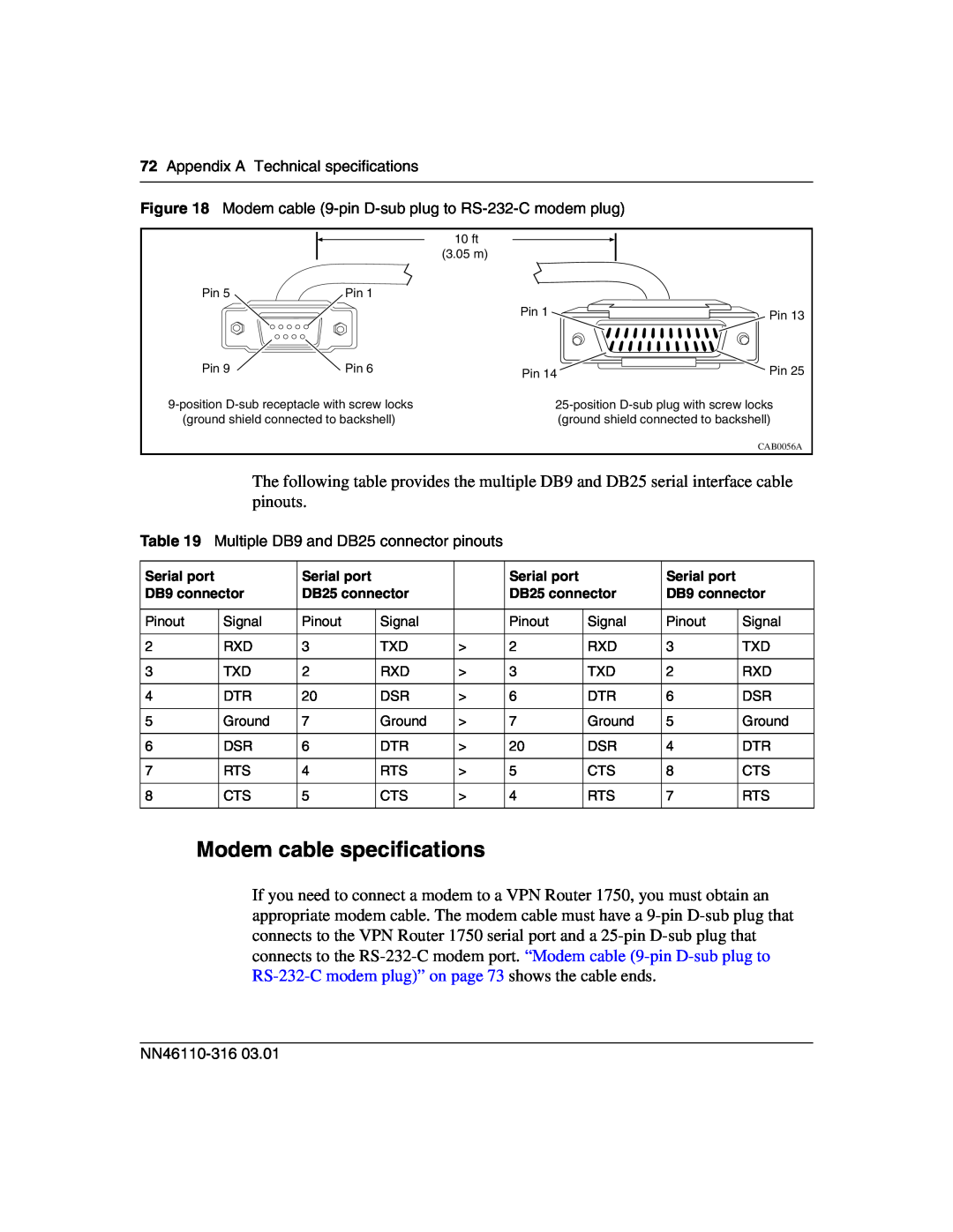 Nortel Networks 1750 manual Modem cable specifications, CAB0056A 