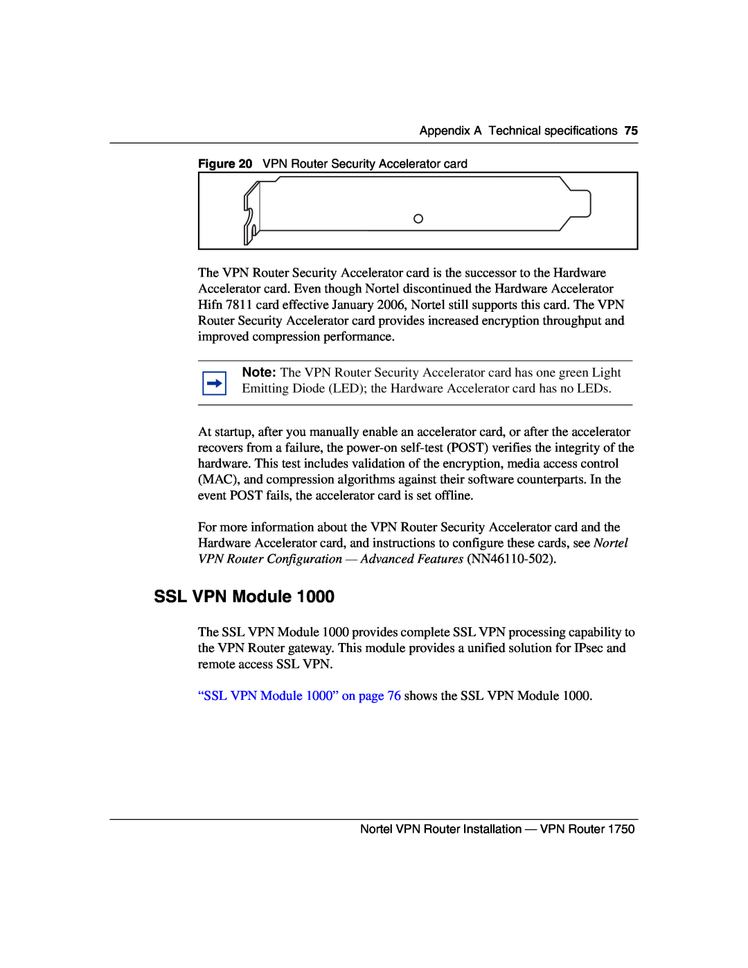 Nortel Networks 1750 manual “SSL VPN Module 1000” on page 76 shows the SSL VPN Module 
