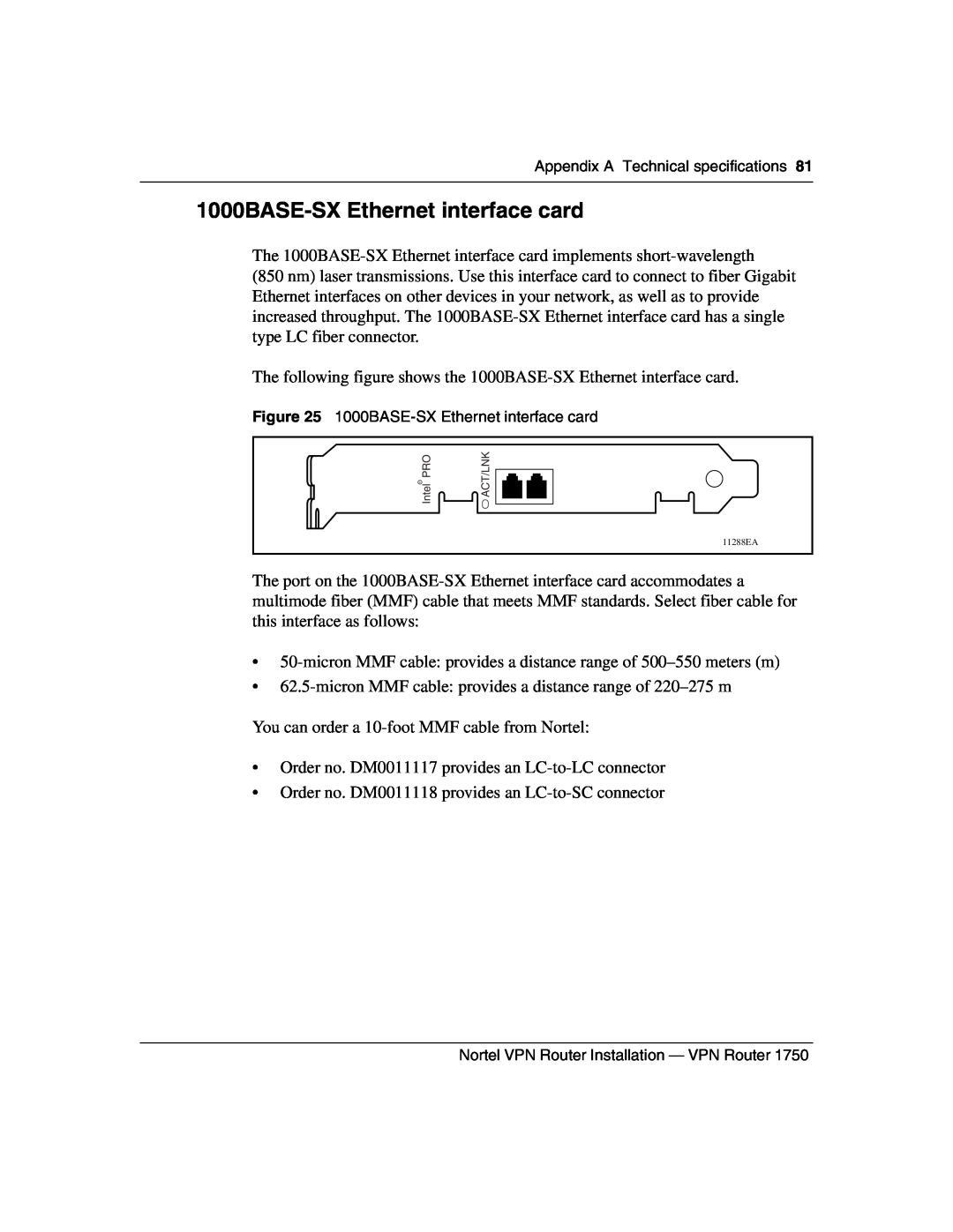 Nortel Networks 1750 manual 1000BASE-SX Ethernet interface card 