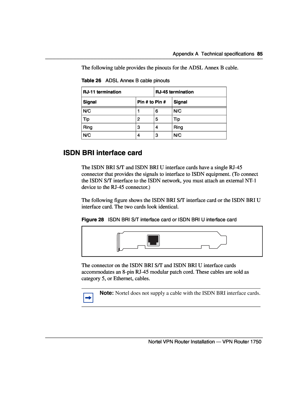 Nortel Networks 1750 manual ISDN BRI interface card 