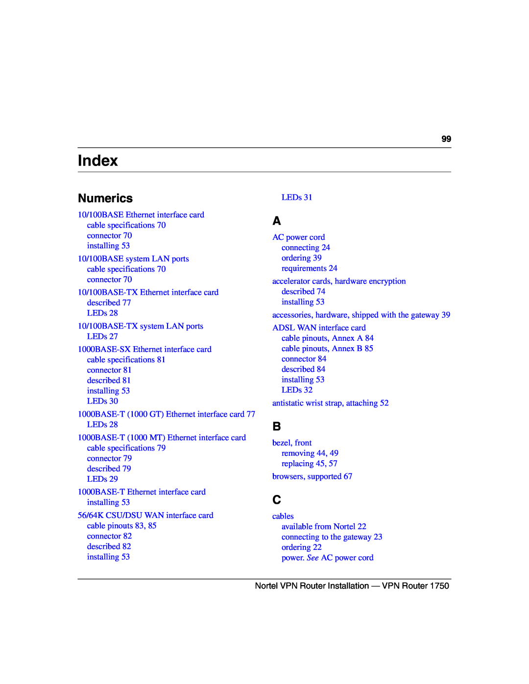 Nortel Networks 1750 manual Index, Numerics 