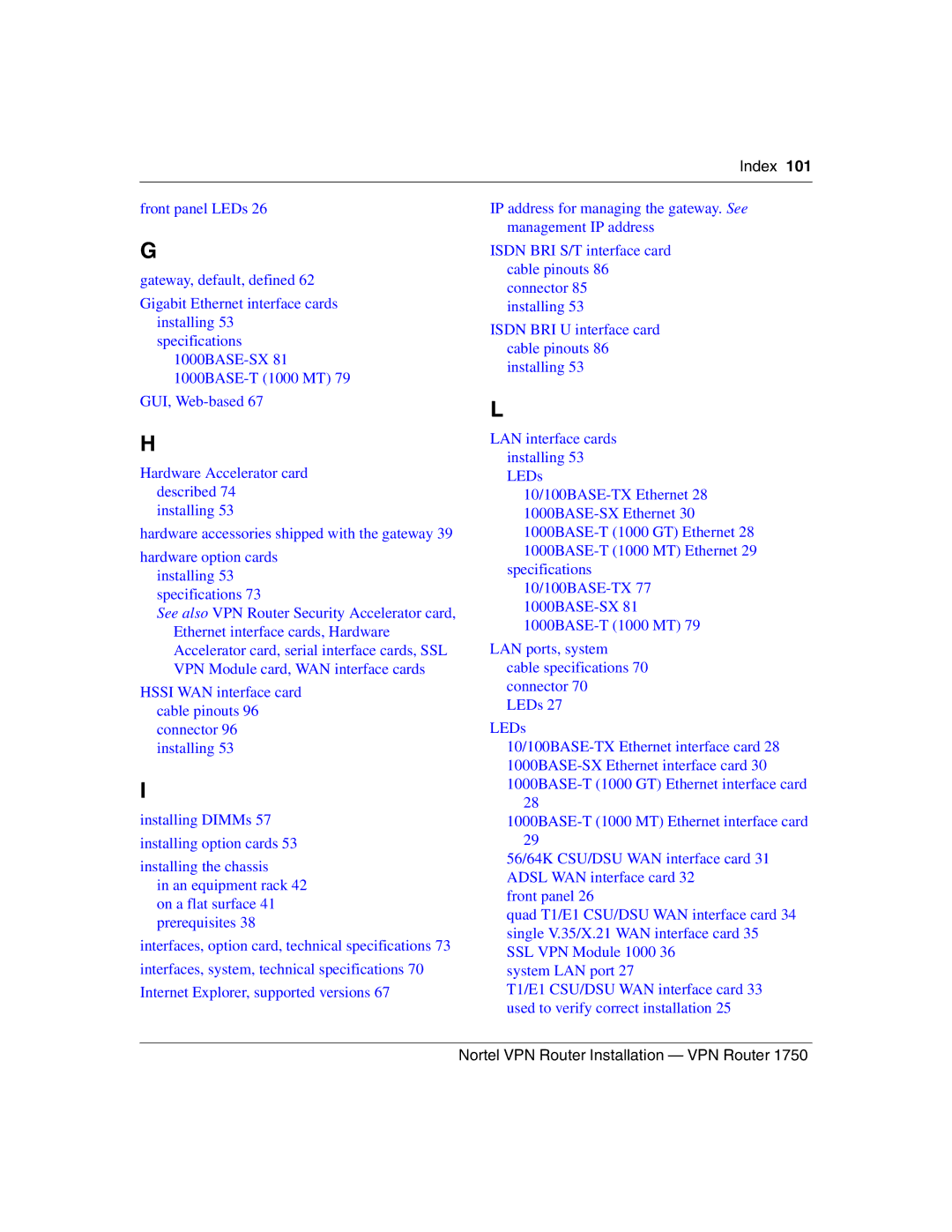 Nortel Networks 1750 manual Index 