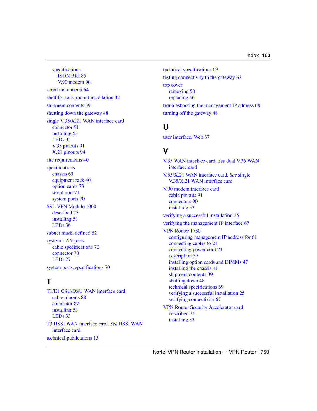 Nortel Networks 1750 manual Index 