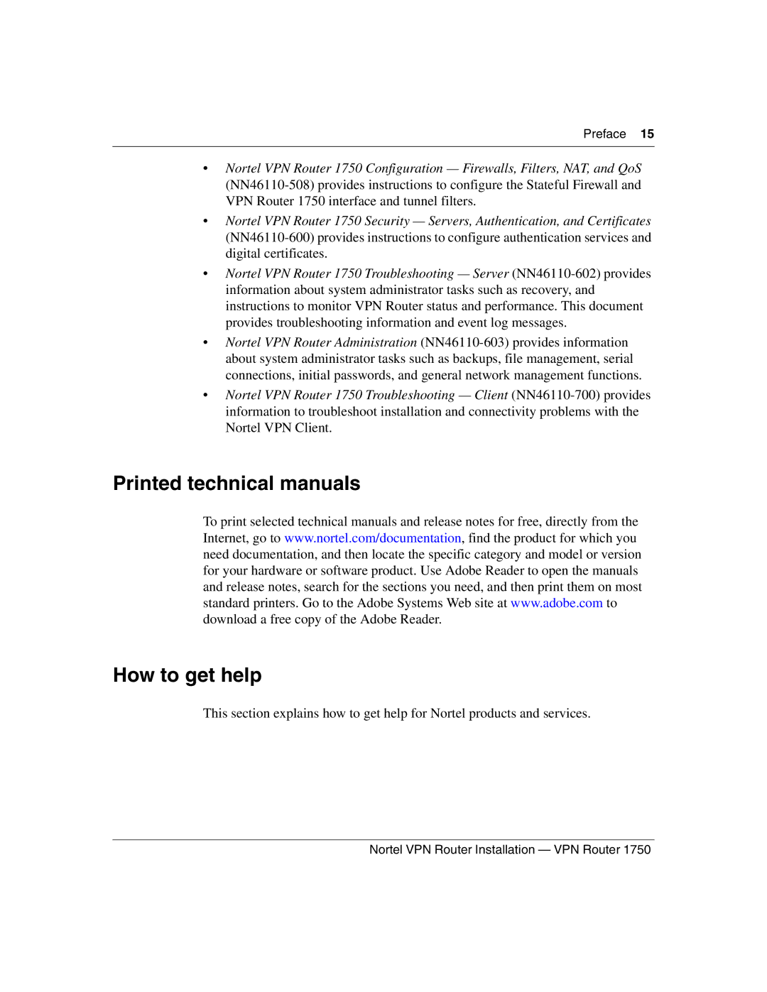 Nortel Networks 1750 Printed technical manuals How to get help 