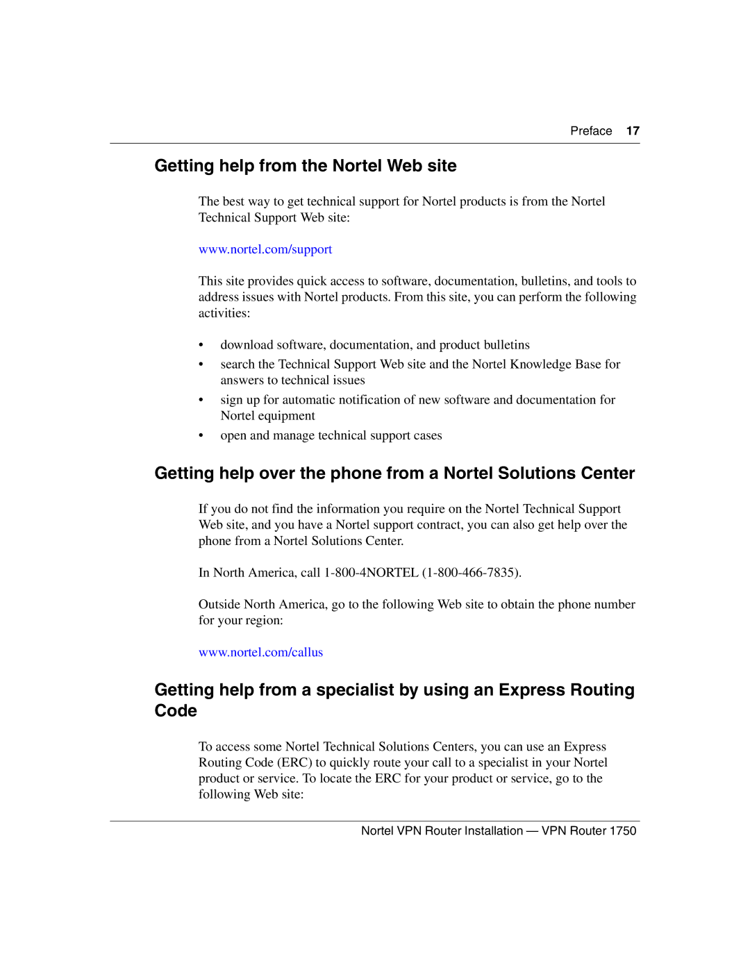 Nortel Networks 1750 Getting help from the Nortel Web site, Getting help over the phone from a Nortel Solutions Center 
